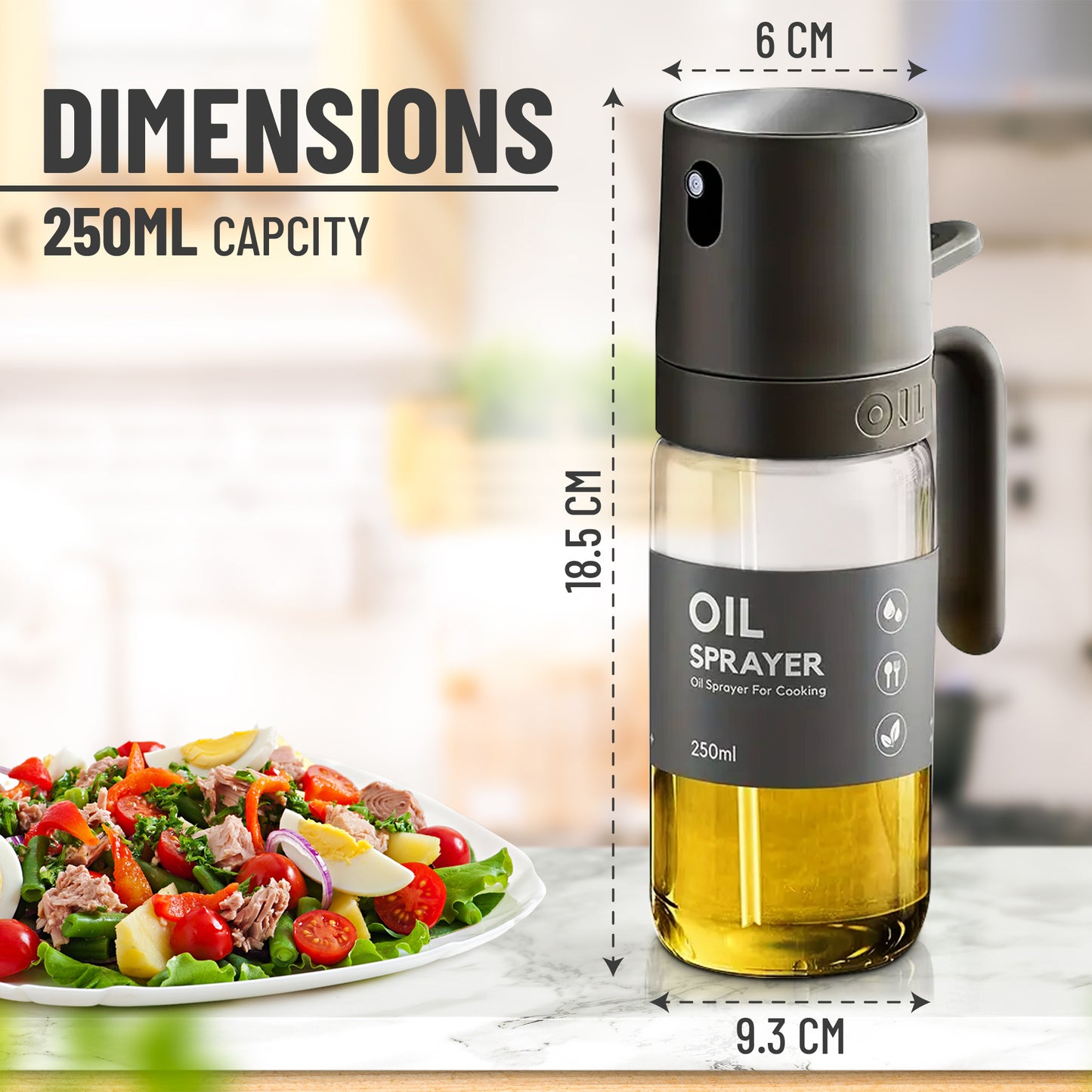 VuseOne Oil Sprayer for Cooking Borosilicate Glass 250ml Leakproof Refillable for Healthy Cooking, Salad Dressing, Grilling