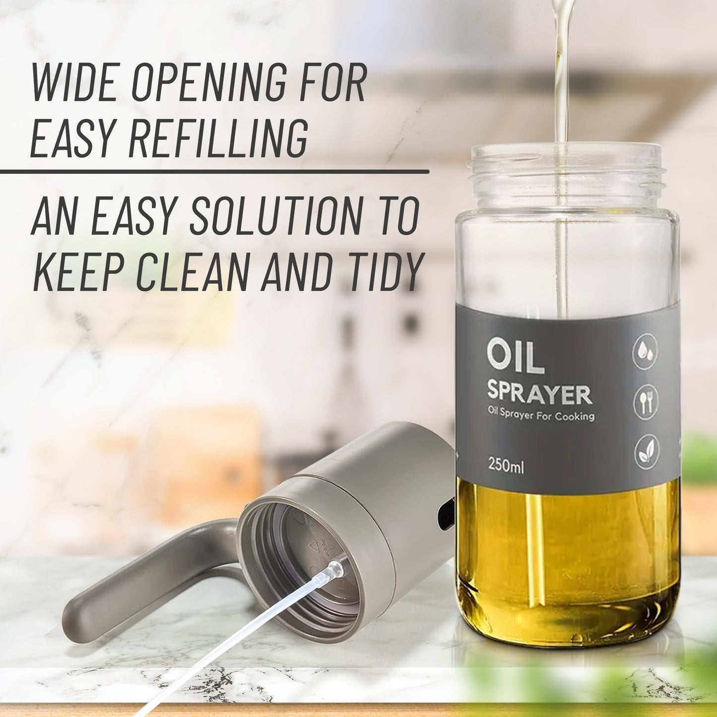 VuseOne Oil Sprayer for Cooking Borosilicate Glass 250ml Leakproof Refillable for Healthy Cooking, Salad Dressing, Grilling