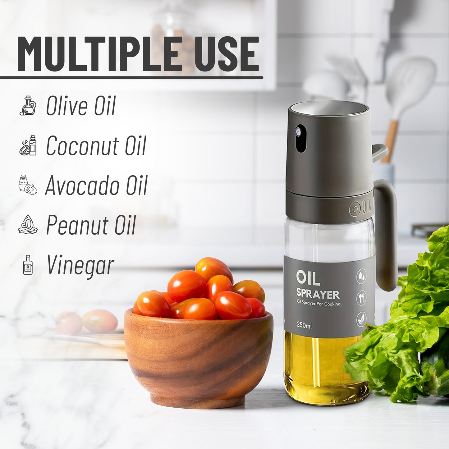 VuseOne Oil Sprayer for Cooking Borosilicate Glass 250ml Leakproof Refillable for Healthy Cooking, Salad Dressing, Grilling