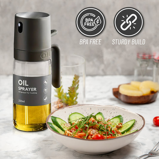 VuseOne Oil Sprayer for Cooking Borosilicate Glass 250ml Leakproof Refillable for Healthy Cooking, Salad Dressing, Grilling